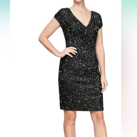 SLNY Black Sequin Cocktail Party Dress V-Neck Sz 6 NEW - Picture 1 of 15